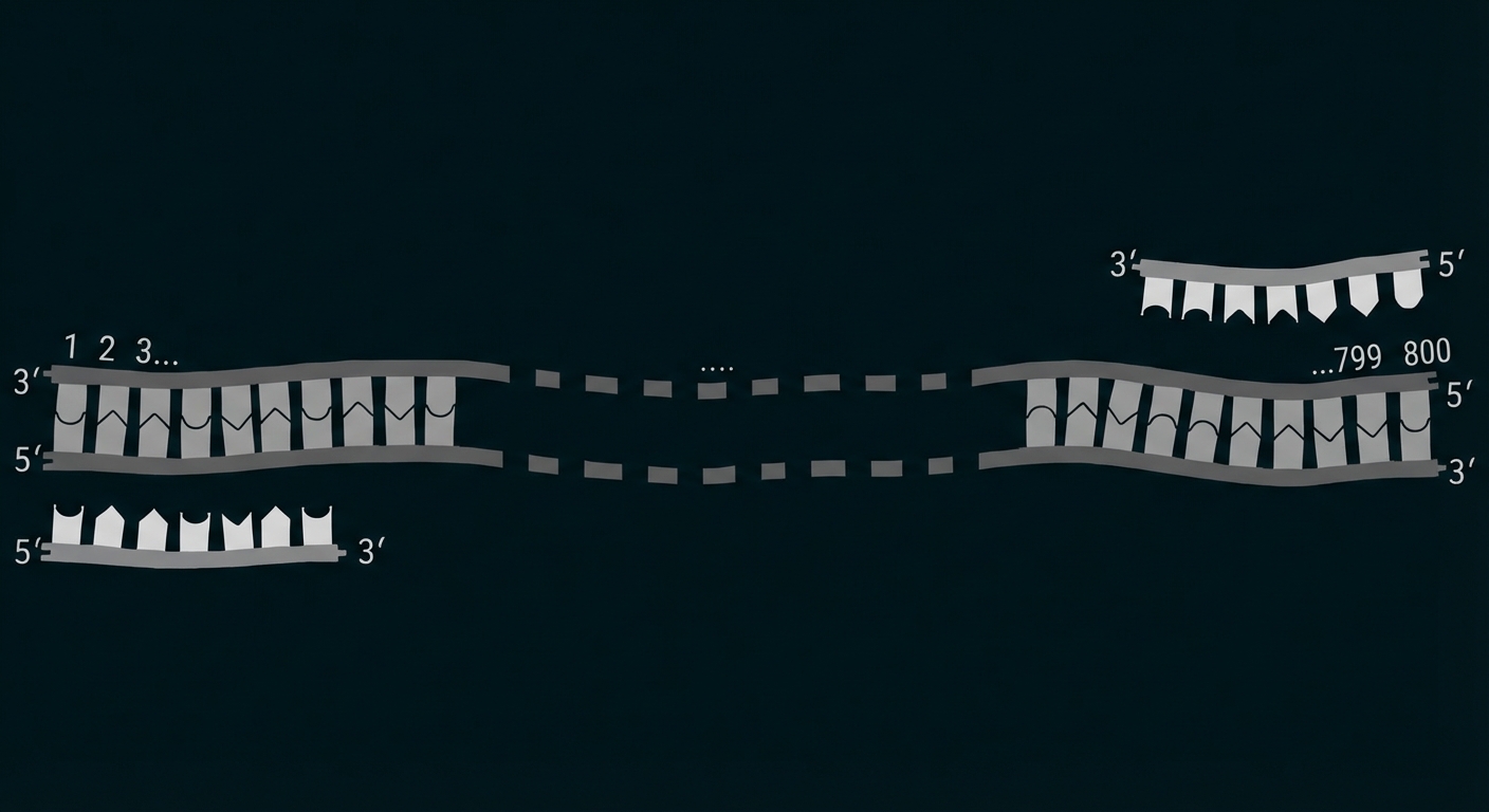 Schematische DNA-Doppelstränge mit 3' und 5' Enden, komplementären Strängen und markierten Fragmenten (Okazaki-Fragmente)